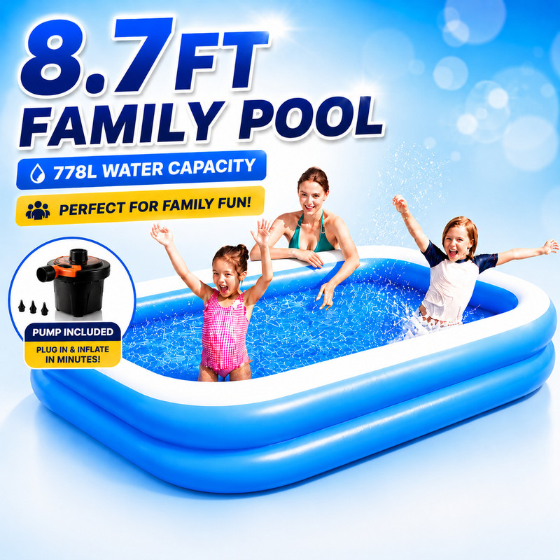 Buddynjoy 10ft Family Pool for Kids & Adults, Portable Pool Bathtub with Electric Pump Inflatable Swimming Pool(Blue, White)