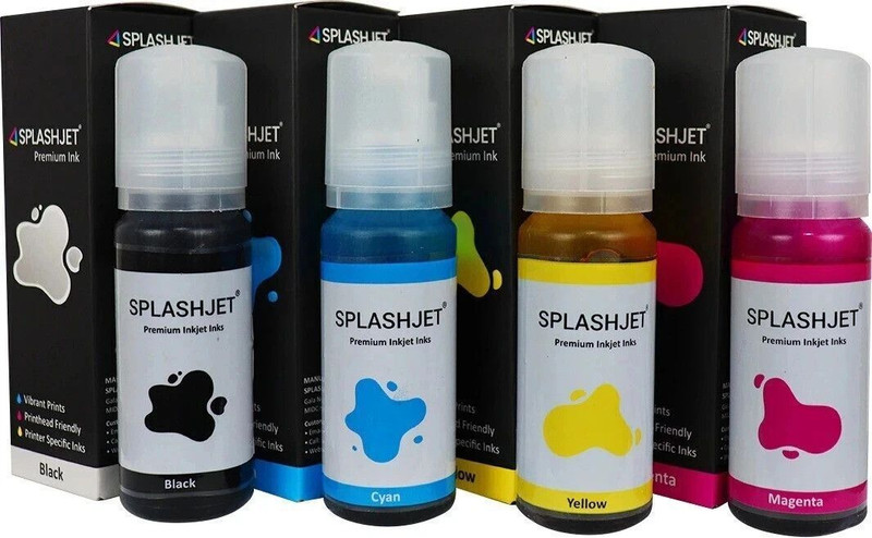 Splashjet 001 Refill Ink for Ep L4160, L6160, L6170, L6190 - (70gm x C/M/Y/Bk) - 501798 Black + Tri Color Combo Pack Ink Bottle