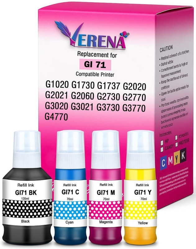 verena GI 71 Refill Ink G1020,G2020,G2021,G2060,G3020,G3021,G3060 Printers Black + Tri Color Combo Pack Ink Bottle