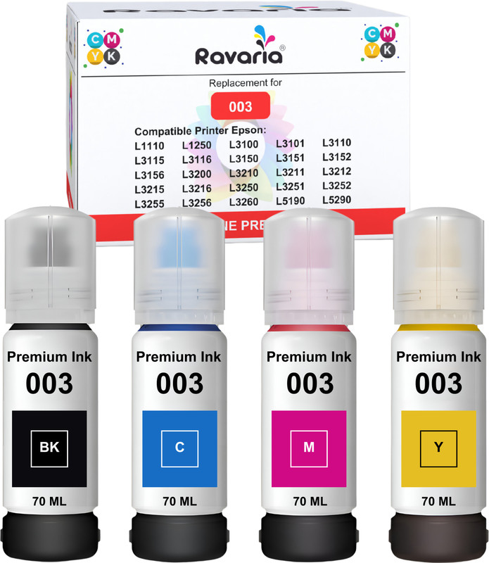 Ravaria 003 Premium Compatible Ink for Epson Printer L1110 L3100 L3101 L3150 L3110 L3115 Black + Tri Color Combo Pack Ink Bottle