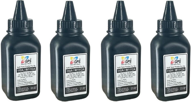 GPS Colour Your Dreams Hp 110A / W1112A Toner Cartridge Refill Pack Of 4 Bottle With Nozlle 80Gms. Black Ink Toner Powder