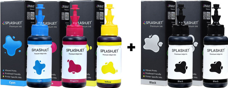 Splashjet T664 Ink for Ep L130, L360, L380 Printer - (70gm x C/M/Y + 2 PCS Bk) - 503625 Black + Tri Color Combo Pack Ink Bottle