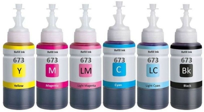 Teqbot 673 Refill Ink for Epsn L805 , L800 , L850 , L1800 Printer (C/M/Y/BK/LC/LM) Black + Tri Color Combo Pack Ink Bottle