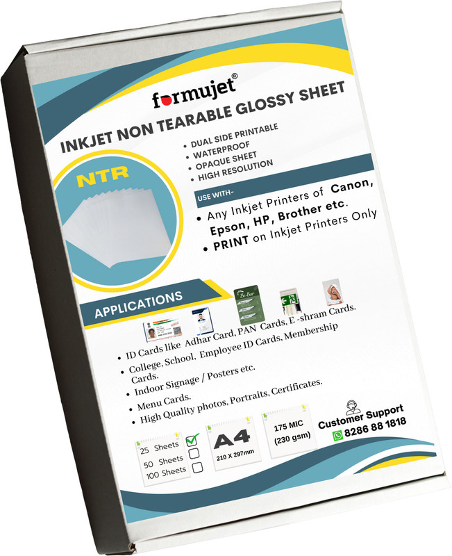 Formujet Inkjet NTR Non Tear Glossy Waterproof Sheet ID Cards A4 25 Sheets White Ink Toner