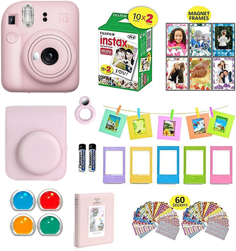 FUJIFILM Instax mini 12 Blosom Pink Bundle+10x2 Film+Carrying Case, Color Filters,Album,Stickers, Frames Instant Camera(Pink)