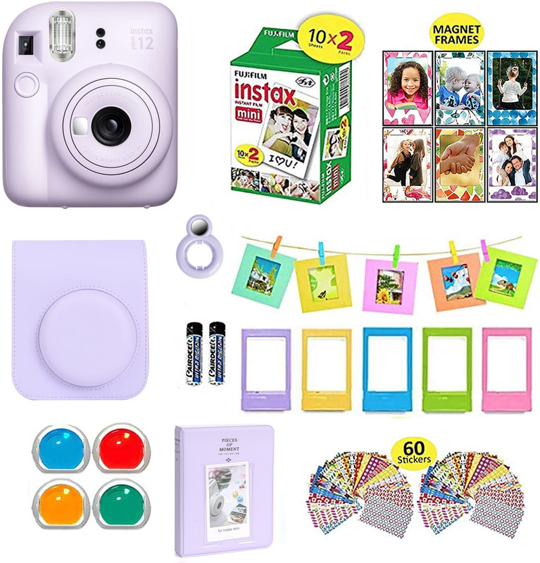 FUJIFILM Instax mini 12 Lilac Purple Bundle+10x2 Film+Carrying Case, Color Filters,Album,Stickers,Frames Instant Camera(Purple)