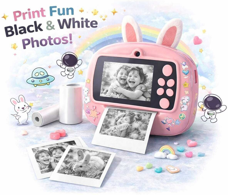 TOY MART 1 Cute Kids Instant Camera with Bunny Ears – Fun Black & White Photo Printing Toy Instant Camera(Pink)