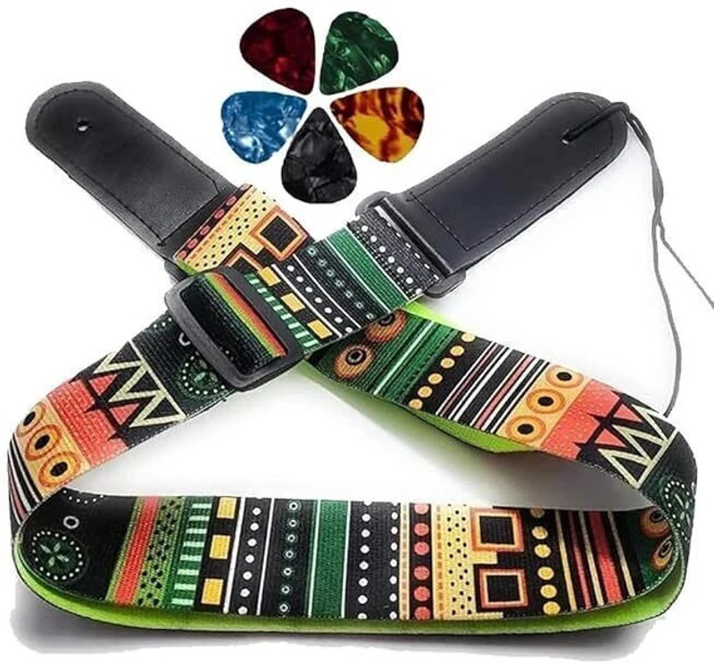 Mocking Bird Adjustable Stylish Guitar Belt with Picks Electric Guitar Strap Pu Leather Ends Nylon, Polyester Strap(Multicolor)