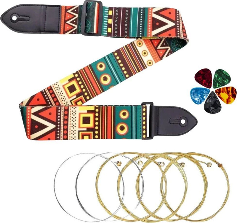 AMG Music Guitar Strap with Picks & Guitar String Set for Acoustic Electric Bass Guitars Nylon Strap(Multicolor)