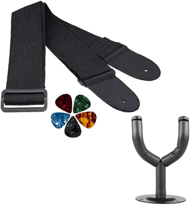 AMG Music Guitar Strap Adjustable Nylon Guitar Belt with Picks & wall Mount Hanger Nylon Strap(Black)