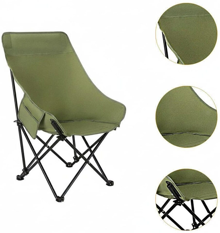 KAMALY Adjustable Camping Chair, Moon Chair with Padded Headrest, Side Pocket(khaki) Foldable Polyester, Steel Inversion Chair