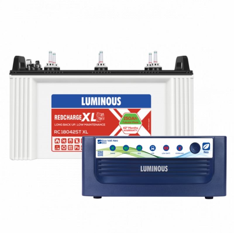 LUMINOUS Eco Volt Neo 850 Sine Wave Inverter with Red Charge RC18042ST XL Tubular Inverter Battery (150Ah)