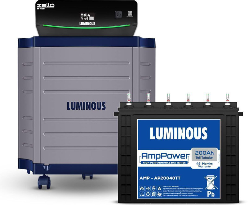 LUMINOUS 48 Months Warranty Tubular Inverter Battery(200 Ah, Zelio M 1600 (1400VA/12V) Sine Wave Inverter with AmpPower AP20048TT & Trolley)