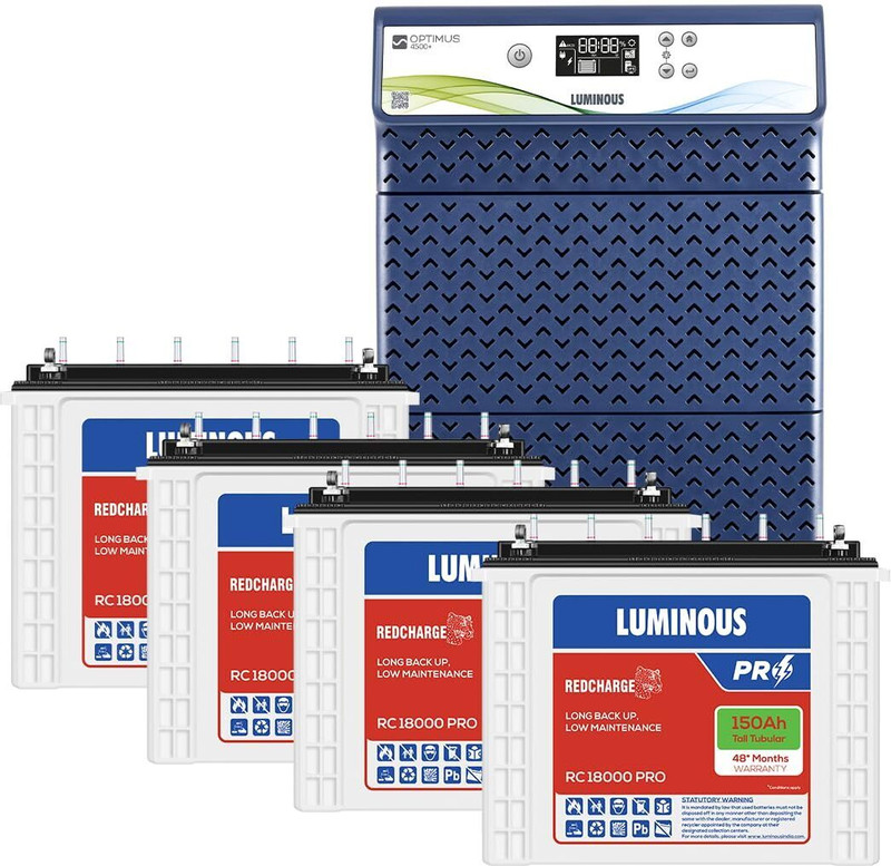 LUMINOUS 48 Months Warranty Tubular Inverter Battery(150 Ah, HKVA Optimus 4500+ Inverter with 4 Units of RC18000 PRO)