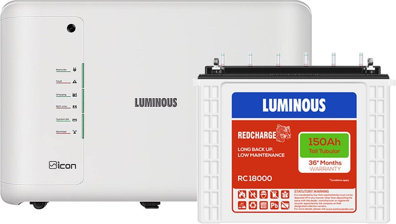 LUMINOUS iCon 1100 Pure Sine Wave Inverter with Red Charge RC 18000 150Ah Tall Pure Sine Wave Inverter(500 VA)