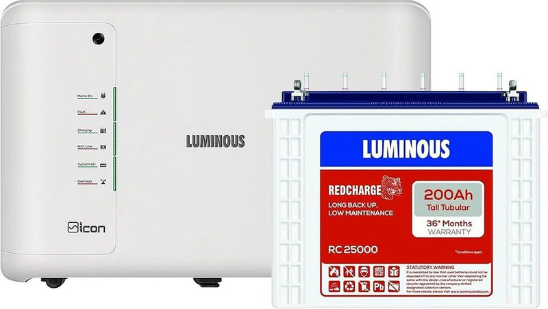 LUMINOUS with iCon 1100 for Home & Office RC 25000 Tall Tubular Battery with 24 Months Warranty Pure Sine Wave Inverter(900 VA)
