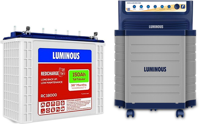 LUMINOUS Hercules 1500 Pure Sine Wave Inverter, RC 18000 150Ah Battery with Trolley with 24 Months Warranty Pure Sine Wave Inverter(500 VA)