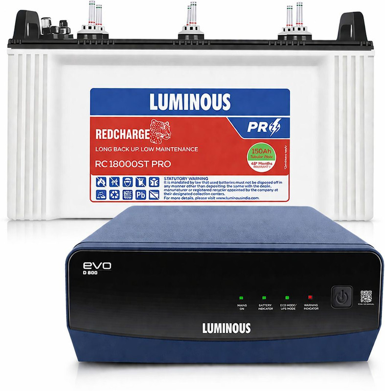 LUMINOUS EVO D 800 Inverter with RC18000ST Pro 150Ah Tall Tubular Battery EVO D 800 with RC18000ST PRO 150Ah with 3 Year Warranty Square Wave Inverter(700 VA)