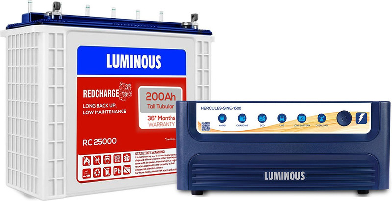 LUMINOUS Hercules 1500 Pure Sine Wave Inverter,RC 25000 200 Ah Tall Tubular Battery Combo with 24 Months Warranty Pure Sine Wave Inverter(1400 VA)