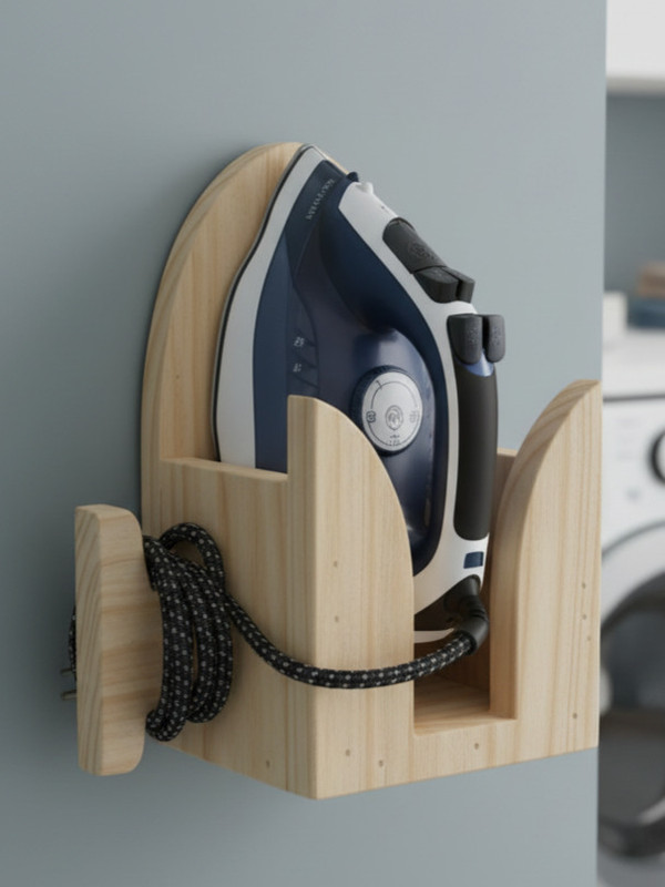 AA Studio Solid Pine Wood Iron Holder Wall Mount with Wire Holder | Press Stand Ironing Board