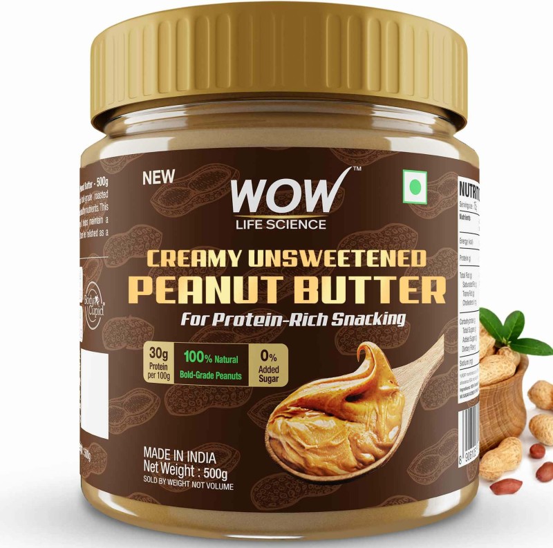 WOW Life Science Creamy Unsweetened Peanut Butter 500 g