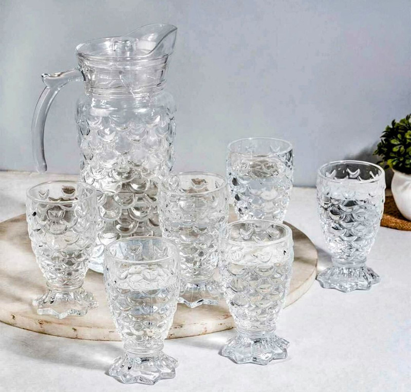 KNPL Italian Premium Water and Juice Glasses Set of 6 and 1 Jug Set Combo, Jug Tray Set(Glass jar, Stand steel)