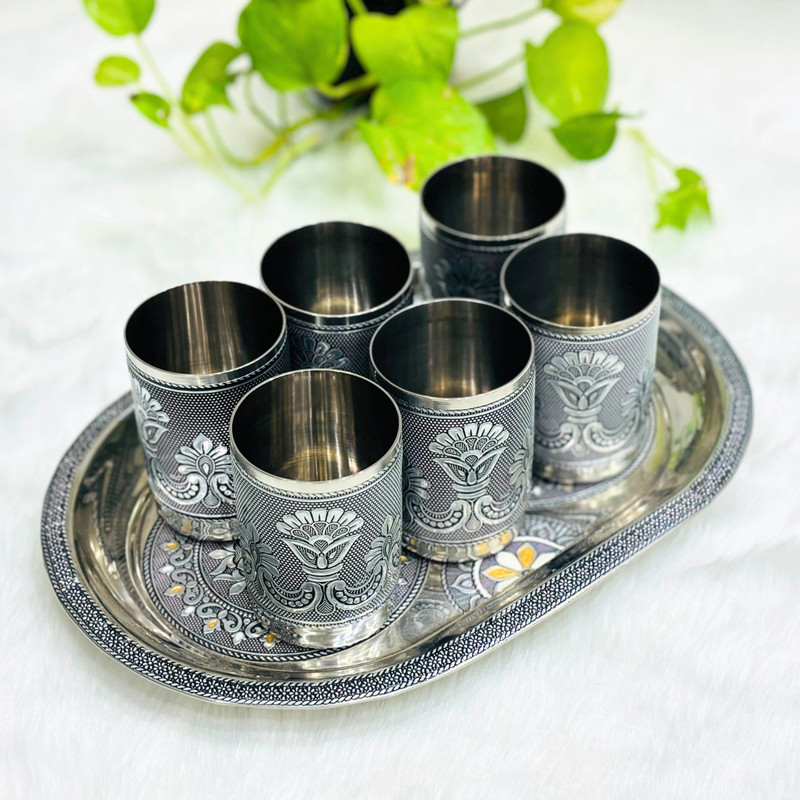 NAVRANG Serving Meenakari Steel Tray Set Lemon Set Gifts Glass Tray Set(Stainless Steel)