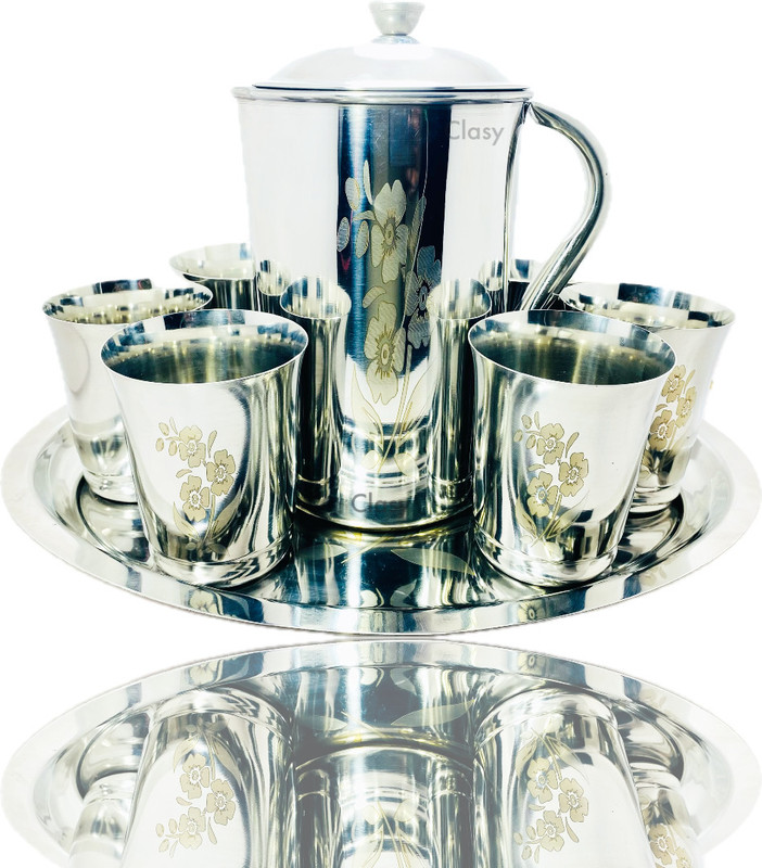 CLASY Fancy Jug Glass Tray Set Laser Printed Mirror Finish Jug Glass Tray Set(Stainless steel)