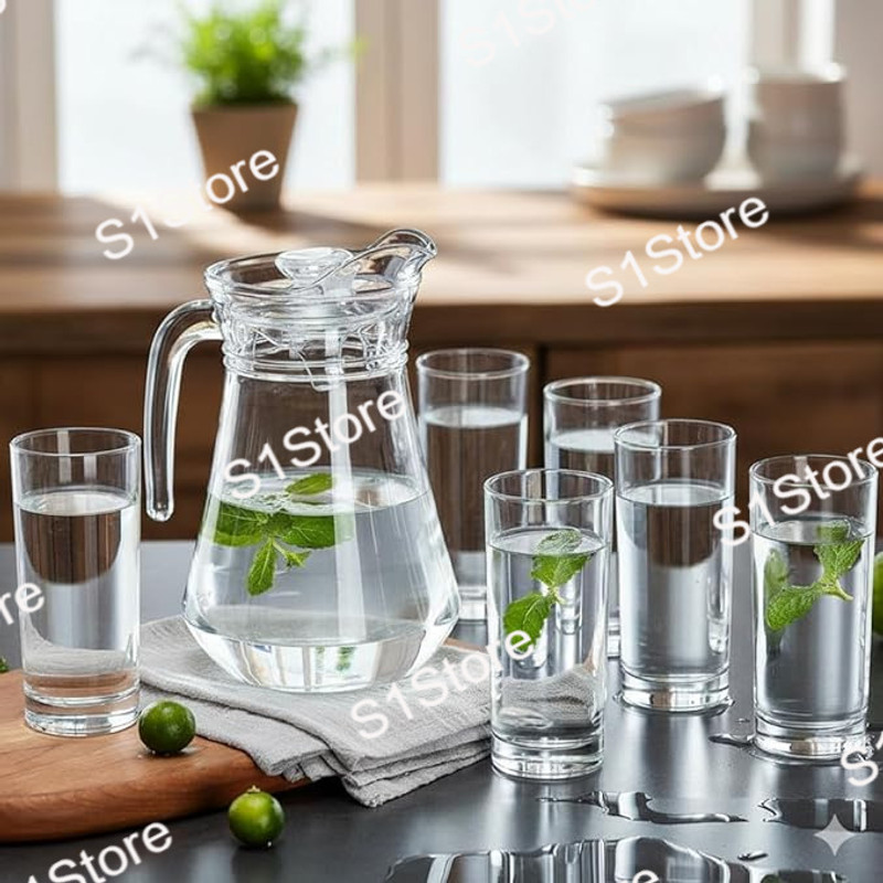 S1Store Glass Water Jug 1.3L with 6 Glasses 240ml Set, Heat Resistant Jug Glass Set(Glass)