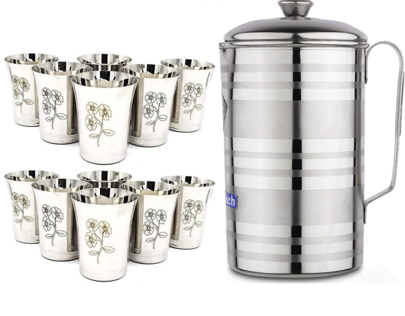 LIMETRO STEEL Combo Set for Dining Table (1.5 Liter Jug, 12 pcs Glasses) Jug Glass Set(Stainless Steel)