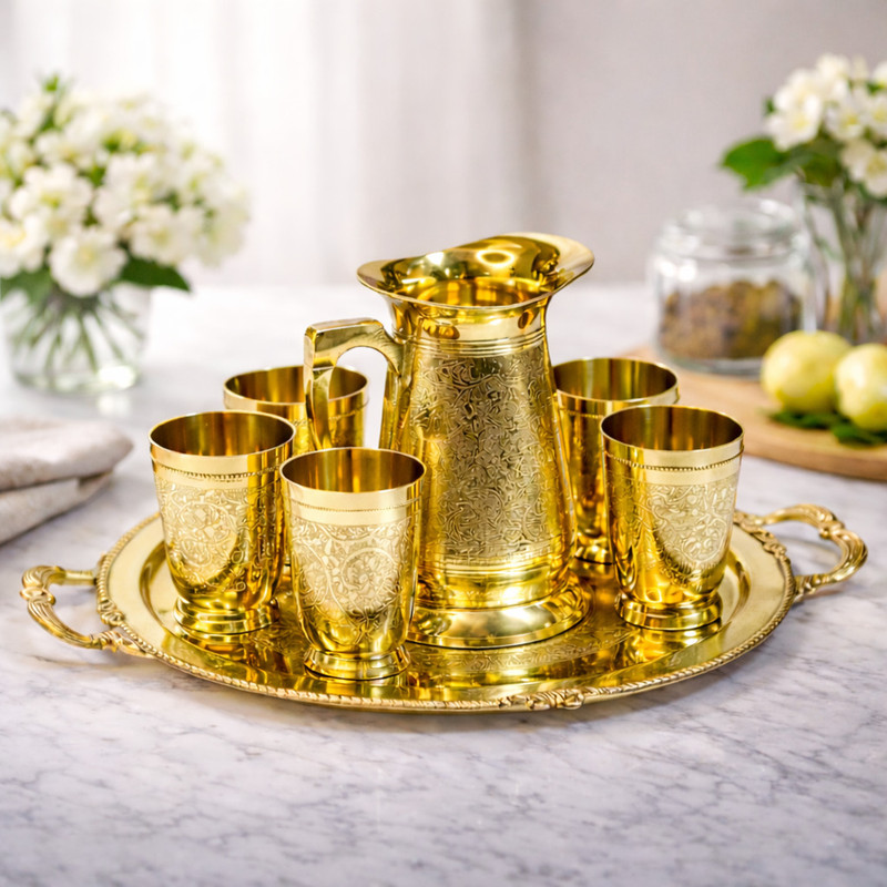 TheDecortouch Premium Brass Lemon Set-0100 Jug Glass Tray Set(brass)