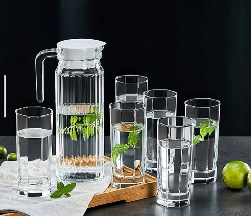 KNPL Premium Water Glass Jug With Glass, 1 Glass Jug (1300 ml), 6 Glasses (280 ml) Jug Glass Set(Glass)