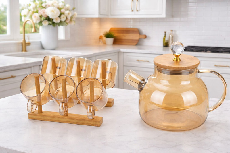 Rachana Global Glass Teapot Set with Bamboo Lid | Heat Resistant Iced Tea Kettle with 6 Cups Jug Glass Tray Set(glass)