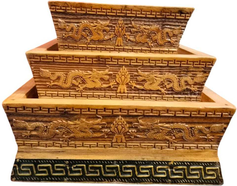 AFTAB HANDICRAFT AFTAB Wooden Dragon Tray set of 3 Glass Tray Set(WOODEN)