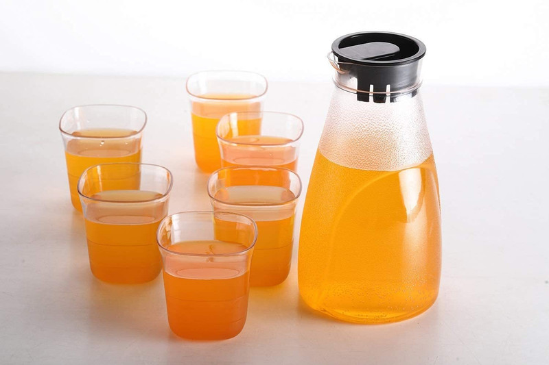 BBD Kitchen Shop Glass jug 1000 ml with Lid Drinking Glasses Set 6 Glass 250ML Jug Glass Set(Unbreakable Plastic)