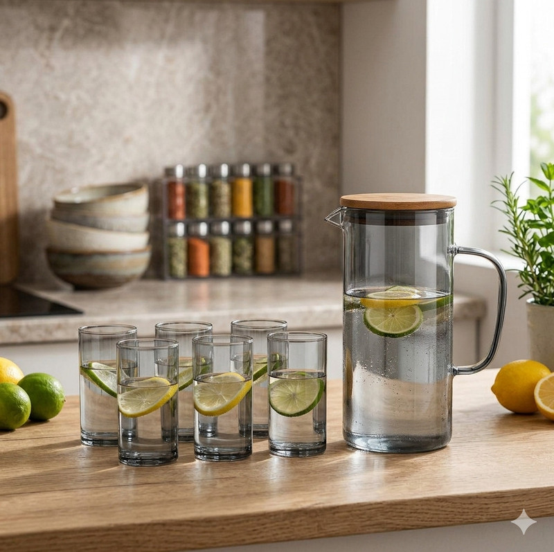 MultiZone Glass Water Jug with Lid | Bedside Water Pitcher with Tray and Glass Set Jug Glass Tray Set(glass)