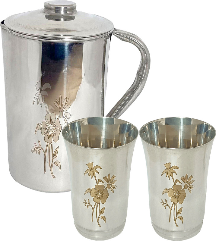 A & H ENTERPRISES Laser Floral Design Combo of 2 Litre steel water jug with Lid and 3 Glasses Jug Glass Set(Stainless Steel)