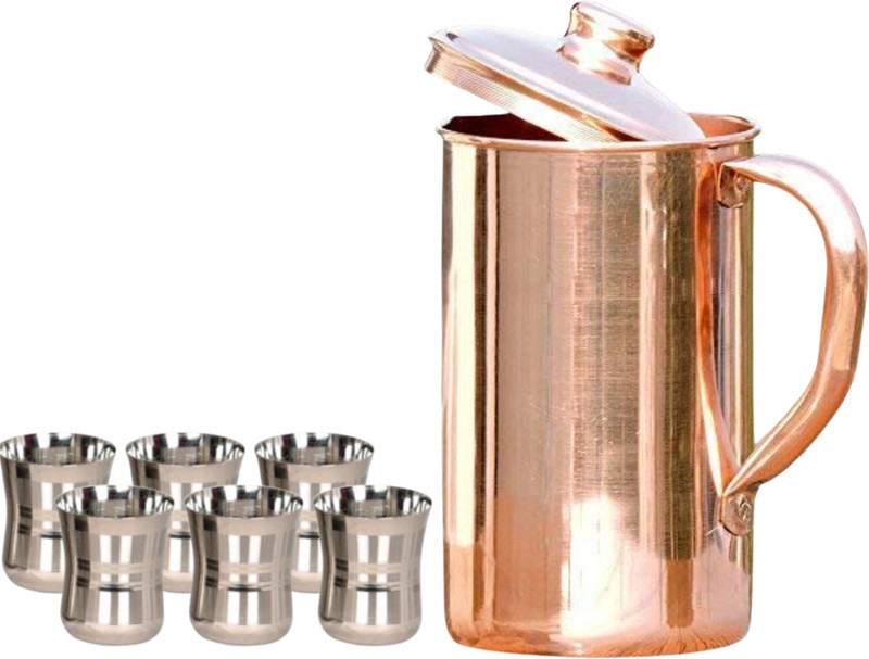 SHINI LIFESTYLE Pure Copper Jug Set and Premium quality steel Glass set,Water Jug,gilas set 7PC Jug Glass Set(Stainless steel)