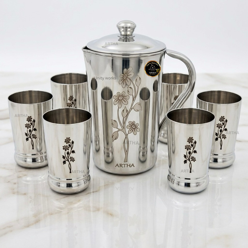 Artha Pack Of 7 Include 1 Jug 2 Litre Capacity With 6 Glasses 400 ml Each Mirror Polished And Laser Printed Water Jug Glass Set Jug Glass Set(Stainless Steel)