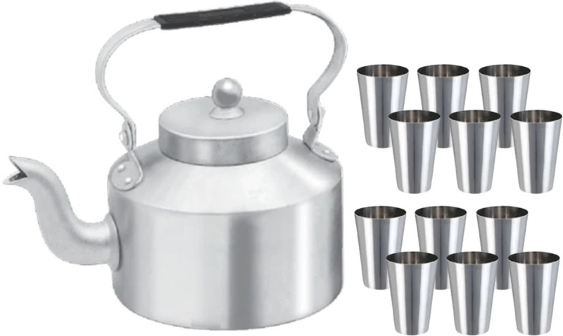 SHINI LIFESTYLE Traditional Aluminium Roadside Tea Kettle, ketli and steel tea glass set of 12pc Glass Tray Set(aluminium, stainless steel)