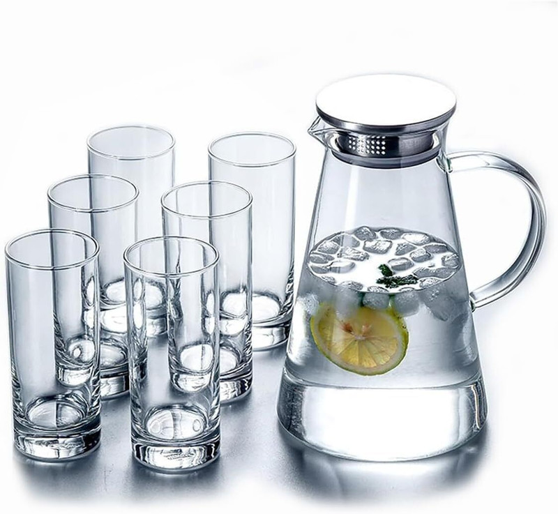 SMILERY Water Jug 1.8 Liter), Transparent, Glass 275ml and Jug Set for Dining Table Jug Glass Set(Glass)