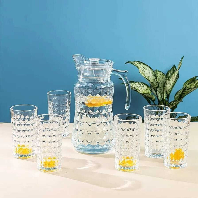 PKMSHO Juice Glass,(6 Pieces Glasses 278ML1 Water Juice Jug 1.7 Liter), Transparent Jug Glass Tray Set(Glass)