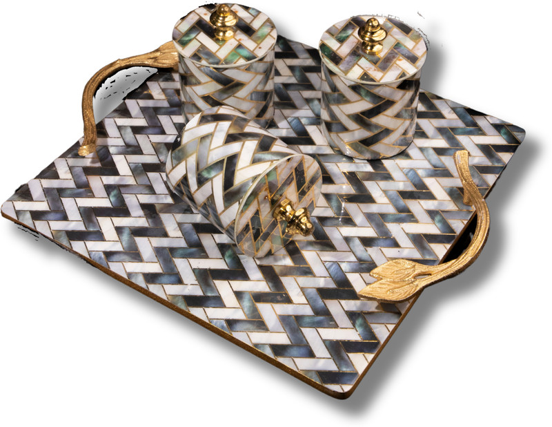 THE VM Store Zebra Artistry Tray+Container Zebra print square tray with 3 metal container Glass Tray Set(resin)