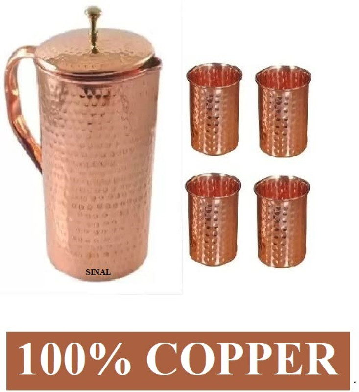 SINAL Stylish Copper Jug & 2 Copper Glass & 2 Copper Bottle(100% Copper)JG0.9 Jug Bottle Glass Set(Copper)
