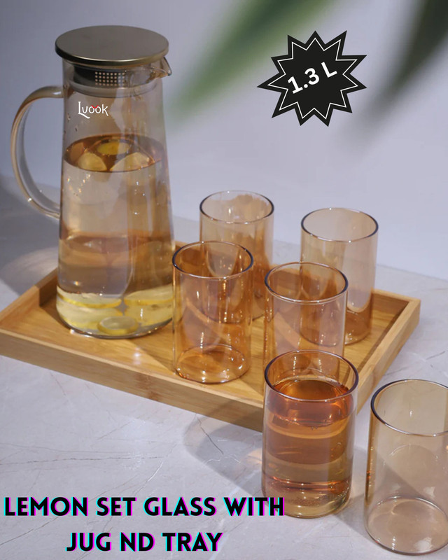 LVOOK Golden Jug Glasses Set With Wooden Tray Jug Glass Tray Set(Borosilicate Glass)