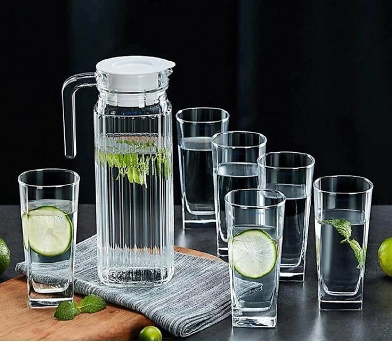 MDNSHO 1.3L with,Juice, Water Jug with 6 Crystal for Dining Table Jug Glass Set(Glass)
