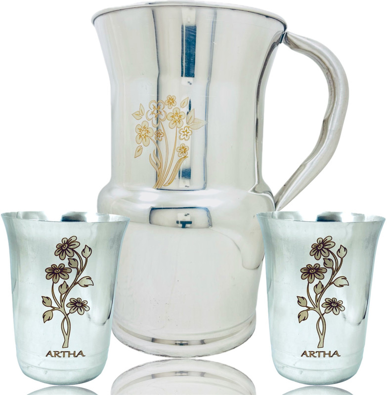 CLASY S.S.Laser-Printed Jug (2L) with 2 Glasses (400ml) - Premium Mirror Finish Jug Glass Set(Stainless steel)