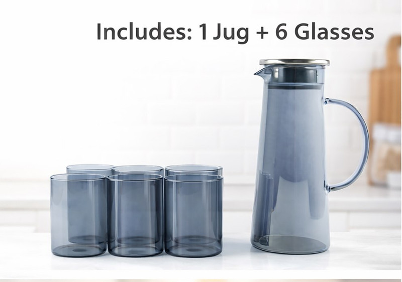 WRINGO Black Glass Water Jug with Dual-Dispenser Lid, Smart & Stylish Serving Set Jug Glass Set(glass)