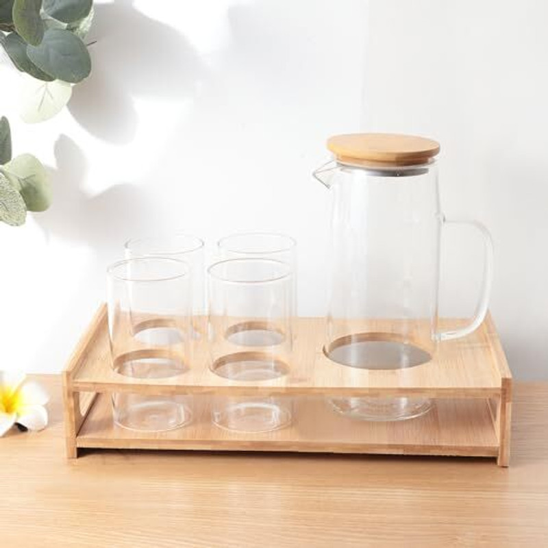 UMAI Jug with Lid (950ml), 4 Glasses (330ml) & Bamboo Tray Jug Glass Tray Set(Borosilicate glass)