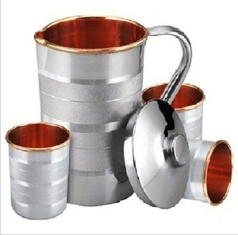 RAGHAV 100% Pure Copper steel 1.6 L jug With Set of 3 glasses Steel copper jug. Jug Glass Set(Copper, Steel)